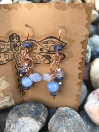 Crackle Fire Agate, Blue Shades, Copper French Hook, Faceted Glass, Pressed Glass Leaf, Beads, Gift, Dangle, Birthday Present, Unique, Fun