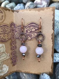 Rose Quartz, Rhodonite, Faceted Glass, Handmade, Copper French Ear Wire, Earrings, Pink, Dangle, Beads, Copper, Smokey Gray,