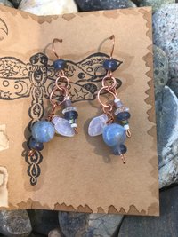 Crackle Fire Agate, Blue Shades, Copper French Hook, Faceted Glass, Pressed Glass Leaf, Beads, Gift, Dangle, Birthday Present, Unique, Fun
