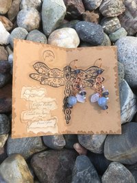 Crackle Fire Agate, Blue Shades, Copper French Hook, Faceted Glass, Pressed Glass Leaf, Beads, Gift, Dangle, Birthday Present, Unique, Fun