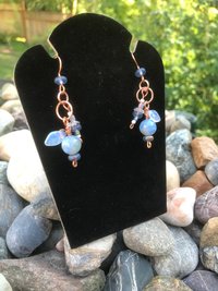 Crackle Fire Agate, Blue Shades, Copper French Hook, Faceted Glass, Pressed Glass Leaf, Beads, Gift, Dangle, Birthday Present, Unique, Fun