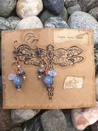 Crackle Fire Agate, Blue Shades, Copper French Hook, Faceted Glass, Pressed Glass Leaf, Beads, Gift, Dangle, Birthday Present, Unique, Fun