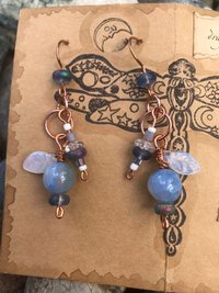 Crackle Fire Agate, Blue Shades, Copper French Hook, Faceted Glass, Pressed Glass Leaf, Beads, Gift, Dangle, Birthday Present, Unique, Fun