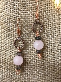 Rose Quartz, Rhodonite, Faceted Glass, Handmade, Copper French Ear Wire, Earrings, Pink, Dangle, Beads, Copper, Smokey Gray,