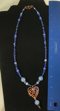 Gorgeous Handmade Deep Blue Lapis, Stone Blue Sodalite and Sky Blue Fire Agate Beaded Necklace with Handcrafted Copper Beaded Heart