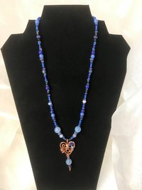 Gorgeous Handmade Deep Blue Lapis, Stone Blue Sodalite and Sky Blue Fire Agate Beaded Necklace with Handcrafted Copper Beaded Heart