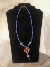 Gorgeous Handmade Deep Blue Lapis, Stone Blue Sodalite and Sky Blue Fire Agate Beaded Necklace with Handcrafted Copper Beaded Heart