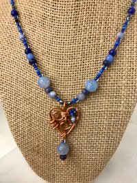 Gorgeous Handmade Deep Blue Lapis, Stone Blue Sodalite and Sky Blue Fire Agate Beaded Necklace with Handcrafted Copper Beaded Heart