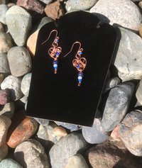 Deep Blue Lapis lazuli and Sky Blue Cat's Eye Glass playfully Dangle from the Handcrafted Beaded Copper Heart French Wire Earrings