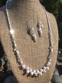 Wedding Necklace and Earring Set with White Freshwater Pearls, Iridescent Crystals, Mother of Pearl, Quartz, Faceted Glass, Beads on Silver