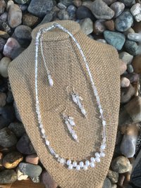 Wedding Necklace and Earring Set with White Freshwater Pearls, Iridescent Crystals, Mother of Pearl, Quartz, Faceted Glass, Beads on Silver