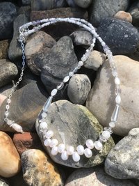 Wedding Necklace and Earring Set with White Freshwater Pearls, Iridescent Crystals, Mother of Pearl, Quartz, Faceted Glass, Beads on Silver