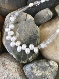 Wedding Necklace and Earring Set with White Freshwater Pearls, Iridescent Crystals, Mother of Pearl, Quartz, Faceted Glass, Beads on Silver
