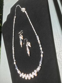 Wedding Necklace and Earring Set with White Freshwater Pearls, Iridescent Crystals, Mother of Pearl, Quartz, Faceted Glass, Beads on Silver