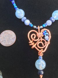 Gorgeous Handmade Deep Blue Lapis, Stone Blue Sodalite and Sky Blue Fire Agate Beaded Necklace with Handcrafted Copper Beaded Heart