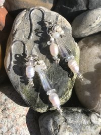 Wedding Necklace and Earring Set with White Freshwater Pearls, Iridescent Crystals, Mother of Pearl, Quartz, Faceted Glass, Beads on Silver