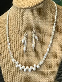 Wedding Necklace and Earring Set with White Freshwater Pearls, Iridescent Crystals, Mother of Pearl, Quartz, Faceted Glass, Beads on Silver