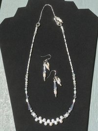 Wedding Necklace and Earring Set with White Freshwater Pearls, Iridescent Crystals, Mother of Pearl, Quartz, Faceted Glass, Beads on Silver