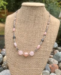 Rose Quartz and Labradorite Highlighted by Pink Opal, Shell, Rhodonite, Glass Flower Beads, Faceted Glass, Seed Beads and Pewter Toggle