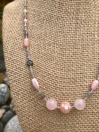 Rose Quartz and Labradorite Highlighted by Pink Opal, Shell, Rhodonite, Glass Flower Beads, Faceted Glass, Seed Beads and Pewter Toggle