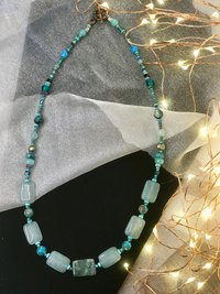 Forest and Sea Handcrafted Imperial and Green Jasper, Quartzite, Hematite, Crystal Beaded 22 Inch Necklace with Copper Toggle