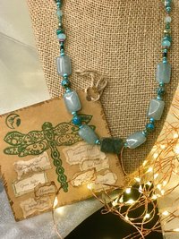 Forest and Sea Handcrafted Imperial and Green Jasper, Quartzite, Hematite, Crystal Beaded 22 Inch Necklace with Copper Toggle
