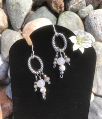 Beaded Agate, Black Network, Shell, Marble, Crystal Necklace and Earring Set with Sterling Silver French Hooks and Pewter Oval Findings.