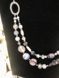 Beaded Agate, Black Network, Shell, Marble, Crystal Necklace and Earring Set with Sterling Silver French Hooks and Pewter Oval Findings.