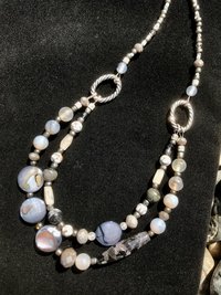 Beaded Agate, Black Network, Shell, Marble, Crystal Necklace and Earring Set with Sterling Silver French Hooks and Pewter Oval Findings.