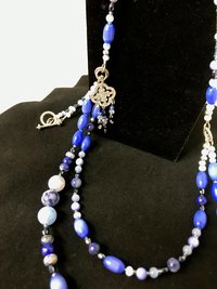 Summers Evening Shimmering Charm Necklace in Blue Shades of Crackle Agate, Sodalite, Lapis, Mother of Pearl, Cat's Eye, Faceted Glass Beads