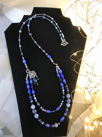 Summers Evening Shimmering Charm Necklace in Blue Shades of Crackle Agate, Sodalite, Lapis, Mother of Pearl, Cat's Eye, Faceted Glass Beads