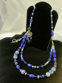 Summers Evening Shimmering Charm Necklace in Blue Shades of Crackle Agate, Sodalite, Lapis, Mother of Pearl, Cat's Eye, Faceted Glass Beads