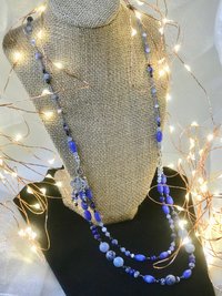 Summers Evening Shimmering Charm Necklace in Blue Shades of Crackle Agate, Sodalite, Lapis, Mother of Pearl, Cat's Eye, Faceted Glass Beads