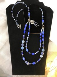 Summers Evening Shimmering Charm Necklace in Blue Shades of Crackle Agate, Sodalite, Lapis, Mother of Pearl, Cat's Eye, Faceted Glass Beads