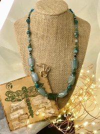 Forest and Sea Handcrafted Imperial and Green Jasper, Quartzite, Hematite, Crystal Beaded 22 Inch Necklace with Copper Toggle