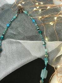 Forest and Sea Handcrafted Imperial and Green Jasper, Quartzite, Hematite, Crystal Beaded 22 Inch Necklace with Copper Toggle
