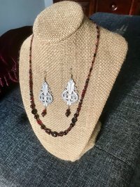 Dark and Alluring Garnet, Hematite, Faceted Glass and Bead Necklace with Pressed Metal Chandelier and Garnet Dangle Earring Set
