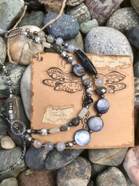 Beaded Agate, Black Network, Shell, Marble, Crystal Necklace and Earring Set with Sterling Silver French Hooks and Pewter Oval Findings.