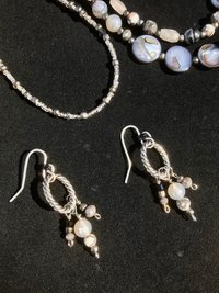 Beaded Agate, Black Network, Shell, Marble, Crystal Necklace and Earring Set with Sterling Silver French Hooks and Pewter Oval Findings.