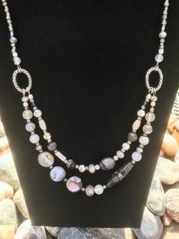 Beaded Agate, Black Network, Shell, Marble, Crystal Necklace and Earring Set with Sterling Silver French Hooks and Pewter Oval Findings.