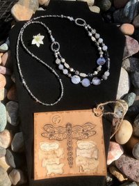 Beaded Agate, Black Network, Shell, Marble, Crystal Necklace and Earring Set with Sterling Silver French Hooks and Pewter Oval Findings.