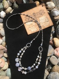 Beaded Agate, Black Network, Shell, Marble, Crystal Necklace and Earring Set with Sterling Silver French Hooks and Pewter Oval Findings.