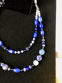 Summers Evening Shimmering Charm Necklace in Blue Shades of Crackle Agate, Sodalite, Lapis, Mother of Pearl, Cat's Eye, Faceted Glass Beads