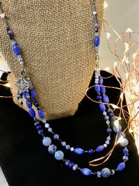 Summers Evening Shimmering Charm Necklace in Blue Shades of Crackle Agate, Sodalite, Lapis, Mother of Pearl, Cat's Eye, Faceted Glass Beads