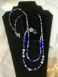 Summers Evening Shimmering Charm Necklace in Blue Shades of Crackle Agate, Sodalite, Lapis, Mother of Pearl, Cat's Eye, Faceted Glass Beads