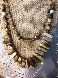 Naturally Beautiful Picture Jasper and Tiger Eye Handcrafted Multi Strand Necklace with Agate, Pearl, Pressed and Vintage Glass Beads.