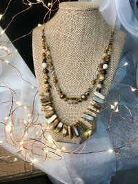 Naturally Beautiful Picture Jasper and Tiger Eye Handcrafted Multi Strand Necklace with Agate, Pearl, Pressed and Vintage Glass Beads.