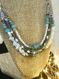 Labradorite and Mother of Pearl Gorgeous Handcrafted Unique Multi Strand Beaded Statement Necklace with Iridescent Seed Beads