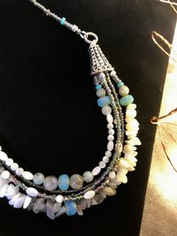 Labradorite and Mother of Pearl Gorgeous Handcrafted Unique Multi Strand Beaded Statement Necklace with Iridescent Seed Beads