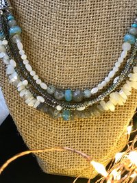 Labradorite and Mother of Pearl Gorgeous Handcrafted Unique Multi Strand Beaded Statement Necklace with Iridescent Seed Beads